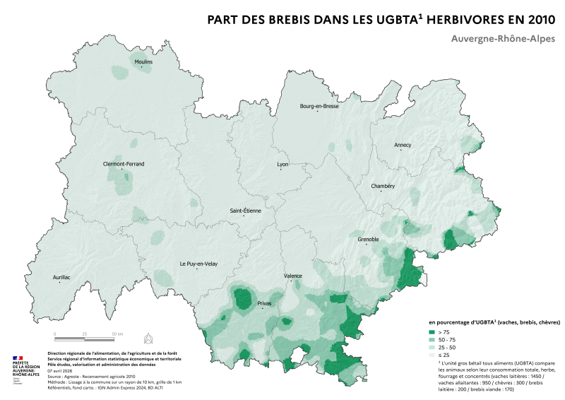 Image 1 : Carte repr&eacute;sentant la part des brebis dans les UGBTA herbivores (vaches, brebis,ch&egrave;vres) en Auvergne-Rh&ocirc;ne-Alpes, selon les donn&eacute;es du Recensement Agricole 2010. La carte illustre les zones o&ugrave; les &eacute;levages de brebis dominent dans la r&eacute;gion.