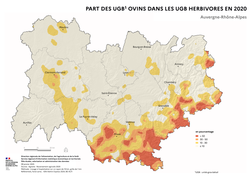 Carte représentant le pourcentage d'UGB ovins dans les UGB herbivores en Auvergne-Rhône-Alpes, selon les données du Recensement Agricole 2020. La carte illustre les zones où les élevages ovins dominent par rapport aux élevages herbivores dans la région.