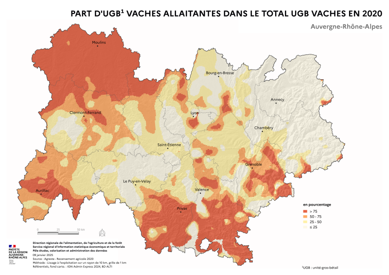 Carte représentant le pourcentage d'UGB vaches allaitantes dans le total UGB vaches en Auvergne-Rhône-Alpes, selon les données du Recensement Agricole 2020. La carte illustre les zones où les élevages bovins viande dominent par rapport aux élevages bovins lait dans la région.