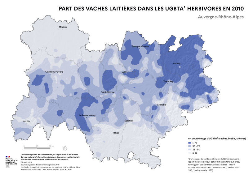 Image 1 : Carte repr&eacute;sentant la part des vaches laiti&egrave;res dans les UGBTA herbivores (vaches, brebis,ch&egrave;vres) en Auvergne-Rh&ocirc;ne-Alpes, selon les donn&eacute;es du Recensement Agricole 2010. La carte illustre les zones o&ugrave; les &eacute;levages de bovins lait dominent dans la r&eacute;gion.