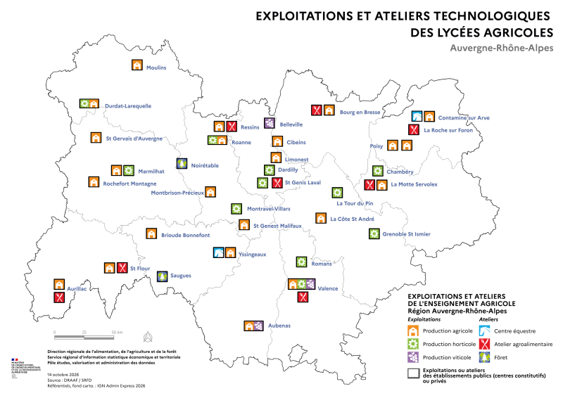Carte repr&eacute;sentant la r&eacute;partition des exploitations et ateliers technologiques des lyc&eacute;es agricoles en Auvergne-Rh&ocirc;ne-Alpes en 2026 selon les donn&eacute;es de la DRAAF (SRFD). La carte signale les diff&eacute;rents types d'exploitations ou ateliers et leur emplacement dans la r&eacute;gion.
