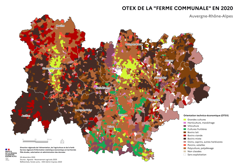 Carte représentant l'orientation technico-économique des exploitations agricoles de la "ferme communale" en Auvergne-Rhône-Alpes selon les données du Recensement Agricole 2020. La carte montre la spécialisation de chaque commune en considérant toutes les exploitations de la commune comme une seule exploitation communale.