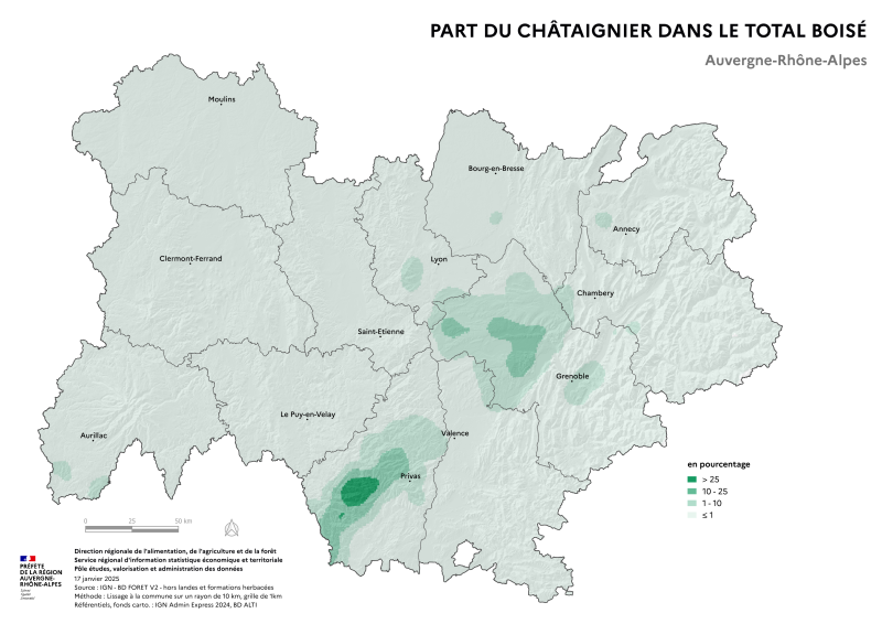 Image 2 : Carte illustrant la part du châtaignier dans le total boisé de la région Auvergne-Rhône-Alpes, selon les données de la BD forêt V2 (IGN).La carte met en évidence les zones où le châtaignier se concentre dans les surfaces forestières de la région.