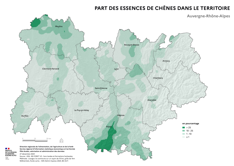 Image 1 : Carte illustrant la part des essences de chênes dans le territoire de la région Auvergne-Rhône-Alpes, selon les données de la BD forêt V2 (IGN).La carte met en évidence les zones où les essences de chênes se concentrent dans la région.