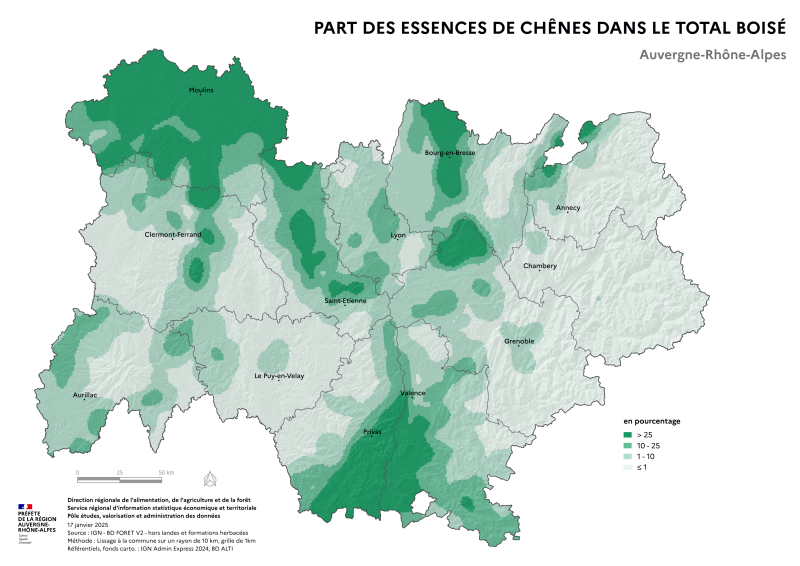 Image 2 : Carte illustrant la part des essences de chênes dans le total boisé de la région Auvergne-Rhône-Alpes, selon les données de la BD forêt V2 (IGN).La carte met en évidence les zones où les essences de chênes se concentrent dans les surfaces forestières de la région.