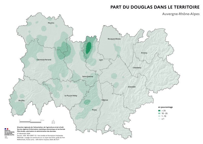 Image 1 : Carte illustrant la part dudouglas dans le territoire de la région Auvergne-Rhône-Alpes, selon les données de la BD forêt V2 (IGN).La carte met en évidence les zones où le douglas se concentre dans la région.