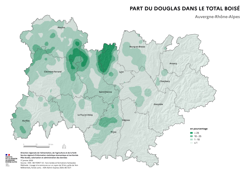 Image 2 : Carte illustrant la part dudouglas dans le total boisé de la région Auvergne-Rhône-Alpes, selon les données de la BD forêt V2 (IGN).La carte met en évidence les zones où le douglas se concentre dans les surfaces forestières de la région.