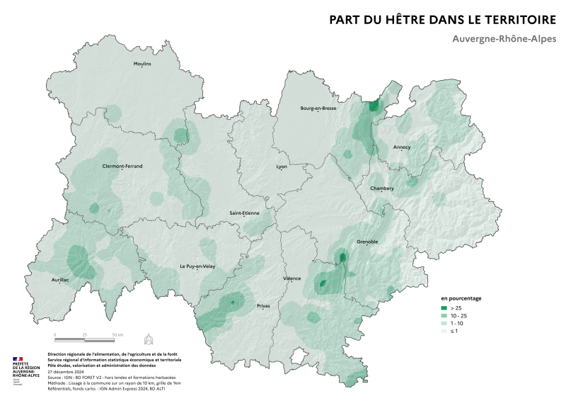 Image 1 : Carte illustrant la part du hêtre dans le territoire de la région Auvergne-Rhône-Alpes, selon les données de la BD forêt V2 (IGN).La carte met en évidence les zones où le hêtre se concentre dans la région.