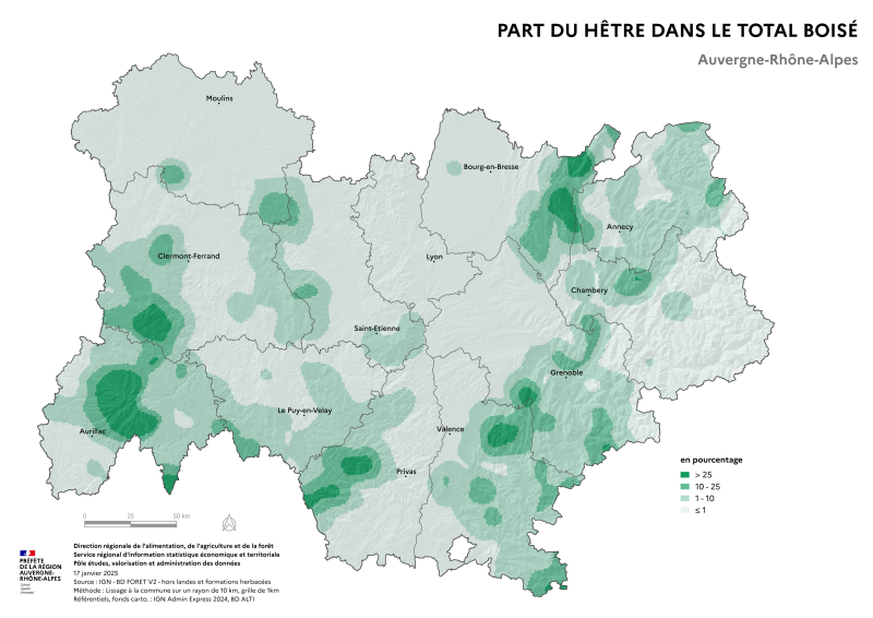 Image 2 : Carte illustrant la part du hêtre dans le total boisé de la région Auvergne-Rhône-Alpes, selon les données de la BD forêt V2 (IGN).La carte met en évidence les zones où le hêtre se concentre dans les surfaces forestières de la région.