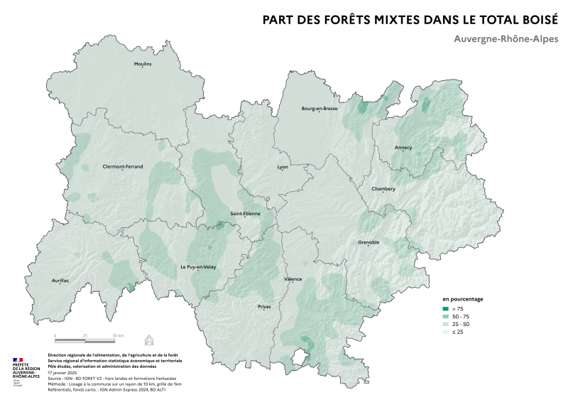 Image 2 : Carte illustrant la part des forêts mixtes dans le total boisé de la région Auvergne-Rhône-Alpes, selon les données de la BD forêt V2 (IGN).La carte met en évidence les zones où les forêts mixtes se concentrent dans les surfaces forestières de la région.
