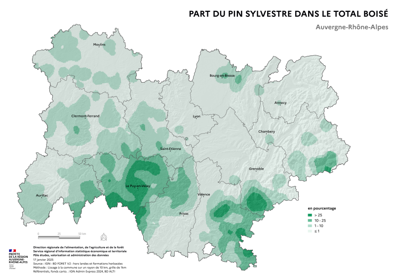 Image 2 : Carte illustrant la part du pin sylvestre dans le total boisé de la région Auvergne-Rhône-Alpes, selon les données de la BD forêt V2 (IGN).La carte met en évidence les zones où le pin sylvestre se concentre dans les surfaces forestières de la région.