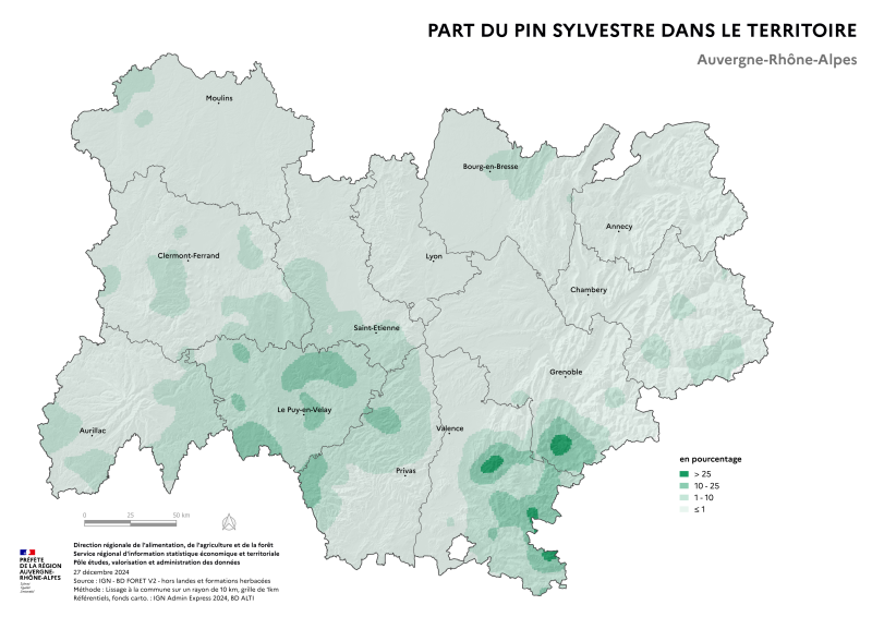 Image 1 : Carte illustrant la part du pin sylvestre dans le territoire de la région Auvergne-Rhône-Alpes, selon les données de la BD forêt V2 (IGN).La carte met en évidence les zones où le pin sylvestre se concentre dans la région.
