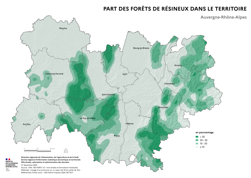 Image 1 : arte illustrant la part des forêts de résineux dans le territoire de la région Auvergne-Rhône-Alpes, selon les données de la BD forêt V2 (IGN).La carte met en évidence les zones où les forêts de résineux se concentrent dans la région.