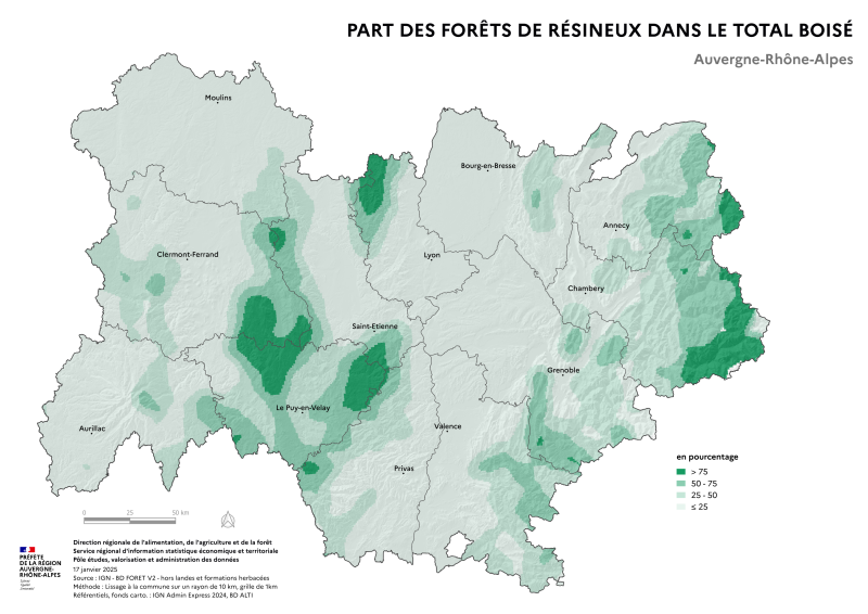 Image 2 : Carte illustrant la part des forêts de résineux dans le total boisé de la région Auvergne-Rhône-Alpes, selon les données de la BD forêt V2 (IGN).La carte met en évidence les zones où les forêts de résineux se concentrent dans les surfaces forestières de la région.