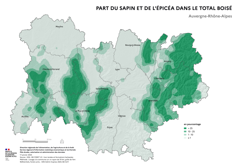 Image 2 : Carte illustrant la part du sapin et de l'épicéa dans le total boisé de la région Auvergne-Rhône-Alpes, selon les données de la BD forêt V2 (IGN).La carte met en évidence les zones où le sapin et l'épicéa se concentrent dans les surfaces forestières de la région.