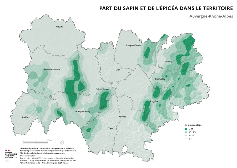 Image 1 : Carte illustrant la part du sapin et de l'épicéa dans le territoire de la région Auvergne-Rhône-Alpes, selon les données de la BD forêt V2 (IGN).La carte met en évidence les zones où le sapin et l'épicéa se concentrent dans la région.