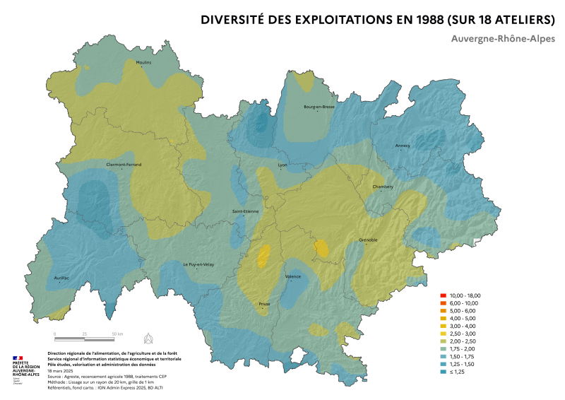 Image 1 : Carte qui présente l'indice de Simpson moyen des 18 Productions Brutes Standard (PBS) partielles calculées à l'échelle des exploitations de la région Auvergne-Rhône-Alpes, pour le recensement agricole de 1988. Cet indice est un indicateur de diversité utilisé en écologie. L'indice varie de 1 (exploitation avec un seul atelier significatif) à 18 (exploitation avec 18 ateliers de tailles économiques équivalentes). 