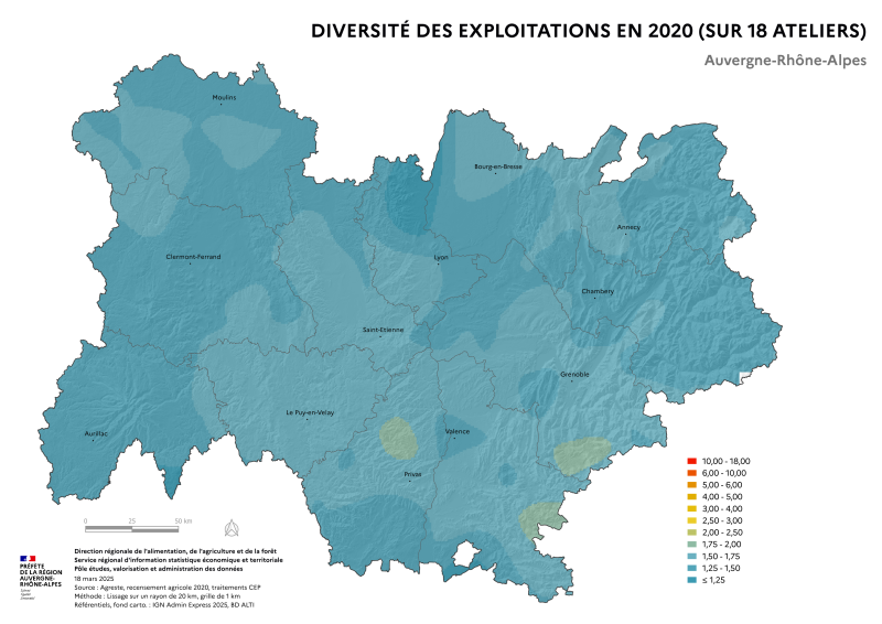 Image 2 : Carte qui présente l'indice de Simpson moyen des 18 Productions Brutes Standard (PBS) partielles calculées à l'échelle des exploitations de la région Auvergne-Rhône-Alpes, pour le recensement agricole de 2020. Cet indice est un indicateur de diversité utilisé en écologie. L'indice varie de 1 (exploitation avec un seul atelier significatif) à 18 (exploitation avec 18 ateliers de tailles économiques équivalentes). 