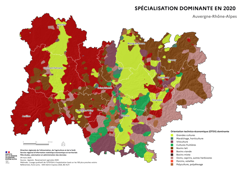 Carte représentant l'orientation technico-économique dominante des exploitations agricoles en Auvergne-Rhône-Alpes selon les données du Recensement Agricole 2020. La carte est produite à partir d'un lissage à l'exploitation de l'orientation technico-économique, basé sur les 100 plus proches voisins.