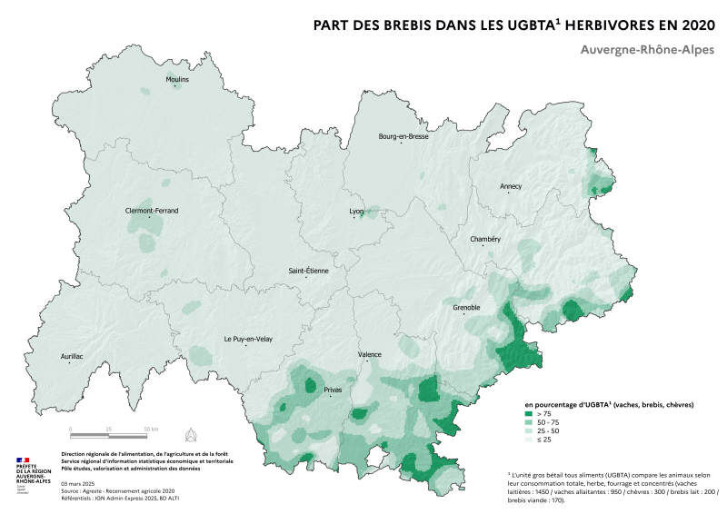 Carte représentant la part desbrebis dans les UGBTA herbivores (vaches, brebis,chèvres) en Auvergne-Rhône-Alpes, selon les données du Recensement Agricole 2020. La carte illustre les zones où les élevages ovins dominent dans la région.