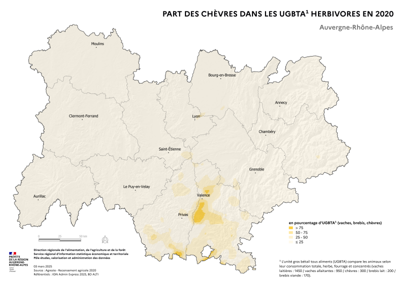 Carte représentant la part des chèvres dans les UGBTA herbivores (vaches, brebis,chèvres) en Auvergne-Rhône-Alpes, selon les données du Recensement Agricole 2020. La carte illustre les zones où les élevages caprins dominent dans la région.