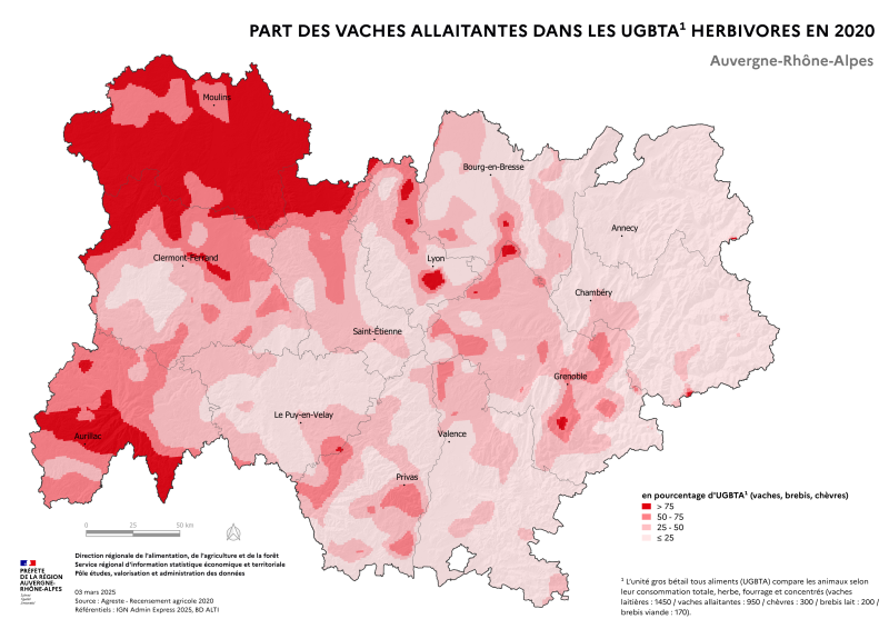 Carte représentant la part des vaches allaitantes dans les UGBTA herbivores (vaches, brebis,chèvres) en Auvergne-Rhône-Alpes, selon les données du Recensement Agricole 2020. La carte illustre les zones où les élevages de bovins viande dominent dans la région.
