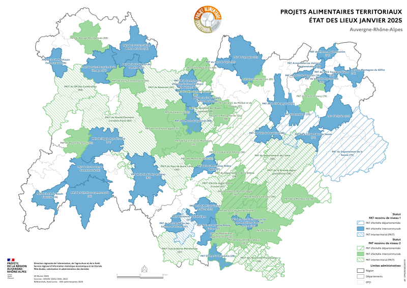 Il s'agit de la carte de la région AURA mentionnant la localisation de PAT reconnus de niveau 1 et de niveau 2. Dans les deux cas de fifure, les PAT peuvent être à l'échelon départementale, intercommunale ou interterritoriale. Au niveau localisation, les PAT 2 à l'échelle intercommuncale sont présents dans le Diois, Montélimar, Valence, Royans Vercors mais aussi Loire Forez, Forez Est , Saint Etienne, Monts du Pilat, Entre Bièvre et Rhône, Métropole de Lyon, Miribel, Beuajolias, Grand Annecy, Rives de Lain, Vichy, bocage Bourbonnais et Lassif du Sancy. 