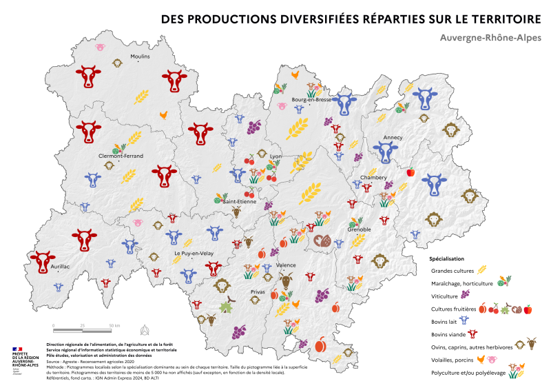 Carte qui représente la diversité des productions dans la région Auvergne-Rhône-Alpes en 2020 via des pictogrammes. Un pictogramme représente la spécialisation dominante d'un territoire donné (selon carte lissée de l'OTEFDA, d'après le recensement agricole 2020). La taille du pictogramme est lié à la superficie du territoire. Les pictogrammes des territoires de moins de 5 000 ha ne sont pas affichés (sauf exception, en fonction de la densité locale). 