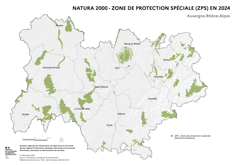 Carte représentant les zones de protection spéciale (ZPS - Natura 2000) dans la région Auvergne-Rhône-Alpes selon les données du Ministère en charge de l'environnement en 2024. Ces zones sont définies par la directive Oiseaux, il s'agit de sites protégés, destinés à préserver les habitats naturels et les espèces menacées, en respectant la biodiversité locale.