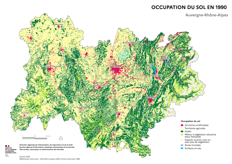 Image 1 : Carte représentant l'occupation des sols de la région Auvergne-Rhône-Alpes selon les données Corine Land Cover de 1990. La carte illustre les différentes catégories d'occupation des sols, telles que les zones urbaines, agricoles, forestières et aquatiques, permettant de visualiser l'utilisation du territoire.