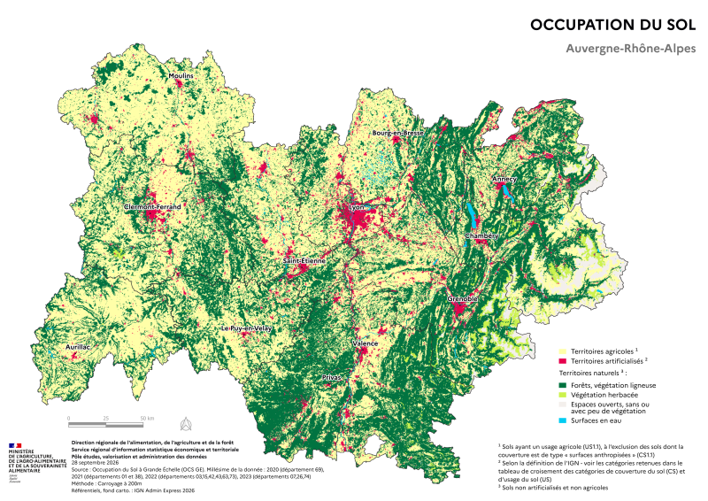 Carte repr&eacute;sentant l'occupation des sols de la r&eacute;gion Auvergne-Rh&ocirc;ne-Alpes selon les donn&eacute;es d&eacute;partementales de l'Occupation des Sols &agrave; Grande &Eacute;chelle (OCS GE) de 2022. La carte illustre les diff&eacute;rentes cat&eacute;gories d'occupation des sols, telles que les zones artificialis&eacute;es, agricoles et naturelles, permettant de visualiser l'utilisation du territoire