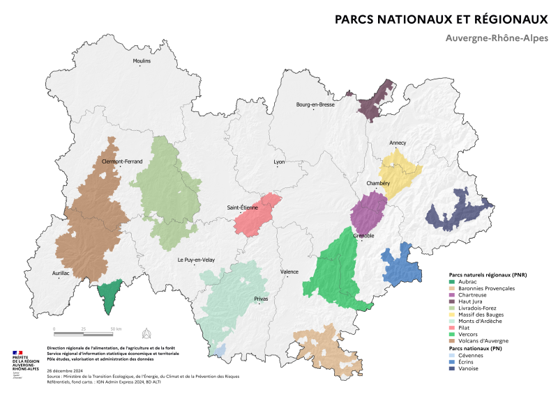 Carte représentant les parcs naturels de la région Auvergne-Rhône-Alpes selon les données du Ministère en charge de l'environnement en 2024. La carte illustre les emplacements des parcs naturels, (nationaux et régionaux) mettant en valeur les zones protégées dédiées à la conservation de la biodiversité et à la préservation des paysages.