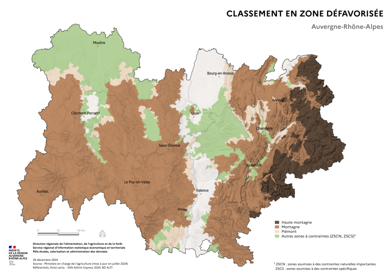 Carte représentant les zones défavorisées de la région Auvergne-Rhône-Alpes selon les données du Ministère en charge de l'Agriculture de 2024. La carte met en lumière les territoires considérés comme défavorisés sur le plan économique et agricole, facilitant ainsi l'identification des zones nécessitant un soutien particulier