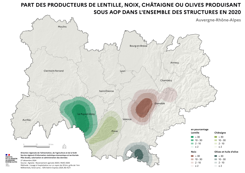 Carte représentant la part des producteurs de Lentille/Noix/Châtaigne/Olives produisant sous AOP dans l'ensemble des structures en Auvergne-Rhône-Alpes, selon les données du Recensement Agricole 2020 et de l'INAO. La carte met en évidence les zones où les producteurs de Lentille/Noix/Châtaigne/Olives sous SIQO sont prédominants.